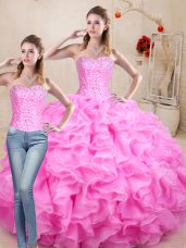 Rose Pink Sweet 16 Dresses Sweet 16 and Quinceanera with Beading and Ruffles Sweetheart Sleeveless Lace Up