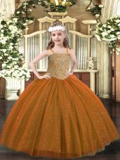 Perfect Sleeveless Tulle Floor Length Lace Up Party Dress Wholesale in Brown with Beading