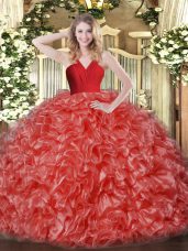 Delicate Floor Length Zipper Quinceanera Gown Red for Military Ball and Sweet 16 and Quinceanera with Ruffles