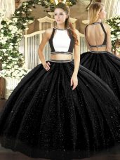 Sleeveless Floor Length Ruching Backless Sweet 16 Quinceanera Dress with Black