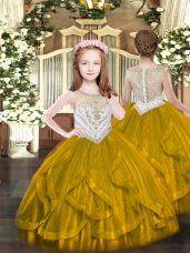 Brown Ball Gowns Tulle Scoop Sleeveless Beading and Ruffles Floor Length Zipper Little Girl Pageant Dress