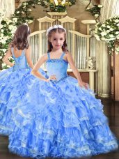 Hot Sale Baby Blue Organza Lace Up Straps Sleeveless Floor Length Custom Made Pageant Dress Appliques and Ruffled Layers