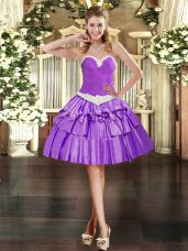 Sleeveless Organza Mini Length Lace Up Prom Dresses in Eggplant Purple with Appliques and Ruffled Layers
