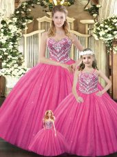 Fantastic Hot Pink Lace Up Ball Gown Prom Dress Beading Sleeveless Floor Length