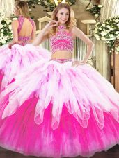 Lovely Multi-color Tulle Backless Vestidos de Quinceanera Sleeveless Floor Length Beading and Ruffles