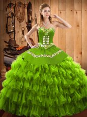 Customized Satin and Organza Lace Up Sweetheart Sleeveless Floor Length Sweet 16 Dresses Embroidery and Ruffled Layers