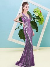 Edgy Lavender Mermaid V-neck Sleeveless Sequined Floor Length Zipper Sequins Dress for Prom