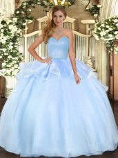 Light Blue Sleeveless Floor Length Beading and Ruffles Lace Up Quinceanera Dress