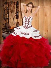 Popular Floor Length Lace Up 15 Quinceanera Dress White And Red for Military Ball and Sweet 16 and Quinceanera with Embroidery and Ruffles