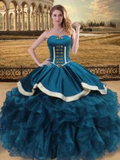 Teal Sweetheart Lace Up Beading and Ruffles Ball Gown Prom Dress Sleeveless