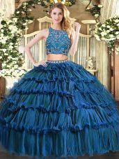 Teal Sleeveless Tulle Zipper Quinceanera Dress for Military Ball and Sweet 16 and Quinceanera