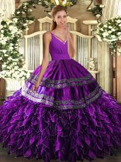 Superior Sleeveless Floor Length Beading and Appliques and Ruffles Lace Up Ball Gown Prom Dress with Eggplant Purple