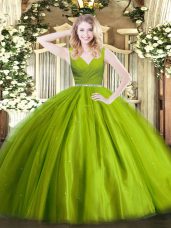 Perfect Floor Length Olive Green Sweet 16 Dress V-neck Sleeveless Zipper