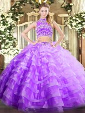 Lavender High-neck Neckline Beading and Ruffled Layers Sweet 16 Dresses Sleeveless Backless