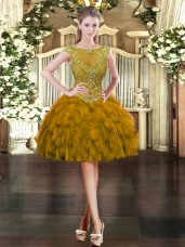 Fitting Scoop Cap Sleeves Zipper Dress for Prom Brown Organza