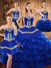 Fine Blue Tulle Lace Up Quinceanera Dresses Sleeveless Floor Length Embroidery and Ruffled Layers