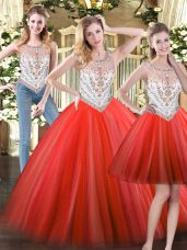 Noble Ball Gowns Quinceanera Dress Coral Red Scoop Tulle Sleeveless Floor Length Zipper