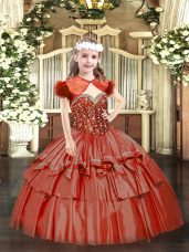 Floor Length Lace Up Little Girl Pageant Dress Coral Red for Party and Quinceanera with Beading and Ruffled Layers