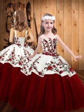 Floor Length Red Little Girl Pageant Gowns Straps Sleeveless Lace Up