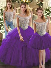 Dramatic Floor Length Three Pieces Sleeveless Purple Vestidos de Quinceanera Lace Up