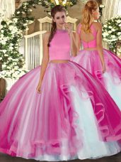 Free and Easy Floor Length Hot Pink 15th Birthday Dress Halter Top Sleeveless Backless