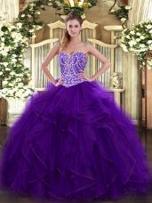 Custom Design Purple Sleeveless Beading and Ruffles Floor Length Quinceanera Gowns