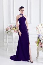 Purple Column/Sheath Beading Prom Evening Gown Lace Up Elastic Woven Satin Sleeveless