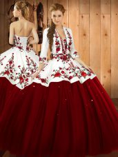 Fashion Embroidery Quinceanera Gowns Wine Red Lace Up Sleeveless Floor Length