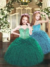 Floor Length Dark Green Casual Dresses Organza Sleeveless Beading and Ruffles