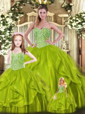 Olive Green Sleeveless Floor Length Beading and Ruffles Lace Up Quinceanera Gown