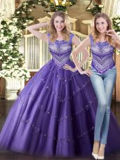 Romantic Purple Scoop Lace Up Beading Quinceanera Dress Sleeveless