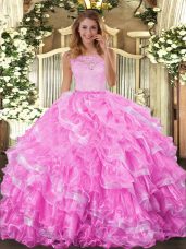 Gorgeous Rose Pink Organza Clasp Handle 15 Quinceanera Dress Sleeveless Floor Length Lace and Ruffled Layers