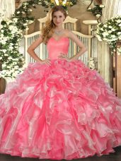 Sweetheart Sleeveless 15 Quinceanera Dress Floor Length Beading and Ruffles Watermelon Red Organza