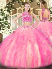 Tulle High-neck Sleeveless Backless Beading and Ruffles Sweet 16 Quinceanera Dress in Watermelon Red and Rose Pink
