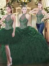 Hot Sale Floor Length Three Pieces Sleeveless Dark Green Quinceanera Gowns Lace Up