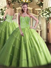 Olive Green Ball Gowns Tulle Sweetheart Sleeveless Beading Floor Length Lace Up Quince Ball Gowns