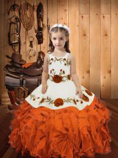 Orange Red Ball Gowns Organza Straps Sleeveless Embroidery and Ruffles Floor Length Lace Up Girls Pageant Dresses