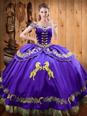 Luxury Floor Length Lace Up Quinceanera Dress Eggplant Purple for Sweet 16 and Quinceanera with Beading and Embroidery