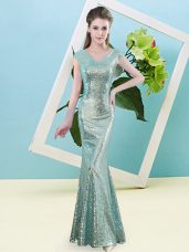 Customized Sequined V-neck Cap Sleeves Zipper Sequins Prom Dresses in Teal