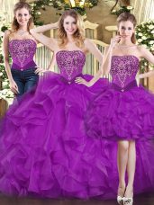 Customized Sweetheart Sleeveless Organza 15 Quinceanera Dress Beading and Ruffles Lace Up