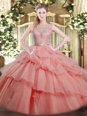 Scoop Sleeveless Tulle Quinceanera Gown Beading and Ruffled Layers Backless