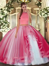 Coral Red Backless Halter Top Beading and Ruffles Vestidos de Quinceanera Tulle Sleeveless