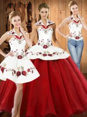 Wine Red Quinceanera Dresses Military Ball and Sweet 16 and Quinceanera with Embroidery Halter Top Sleeveless Lace Up