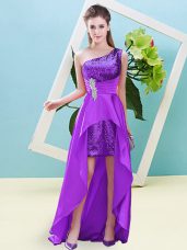 Edgy Sleeveless High Low Beading and Sequins Lace Up Dress for Prom with Eggplant Purple