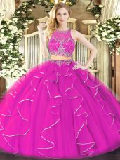 Floor Length Fuchsia Vestidos de Quinceanera Organza Sleeveless Ruffles