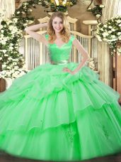 Excellent Sleeveless Organza Floor Length Zipper Quince Ball Gowns in Green with Ruffled Layers