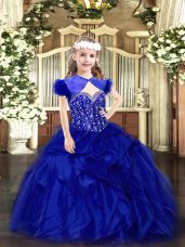 Elegant Royal Blue Ball Gowns Organza Straps Sleeveless Beading and Ruffles Floor Length Lace Up Little Girl Pageant Dress