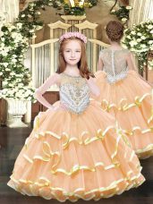 Excellent Orange Sleeveless Floor Length Beading and Ruffled Layers Zipper Casual Dresses