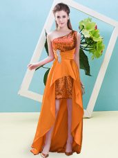 Vintage Sleeveless High Low Beading and Sequins Lace Up Homecoming Dress with Orange