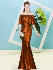 Vintage Rust Red Zipper Off The Shoulder Sequins Prom Evening Gown Sequined Half Sleeves